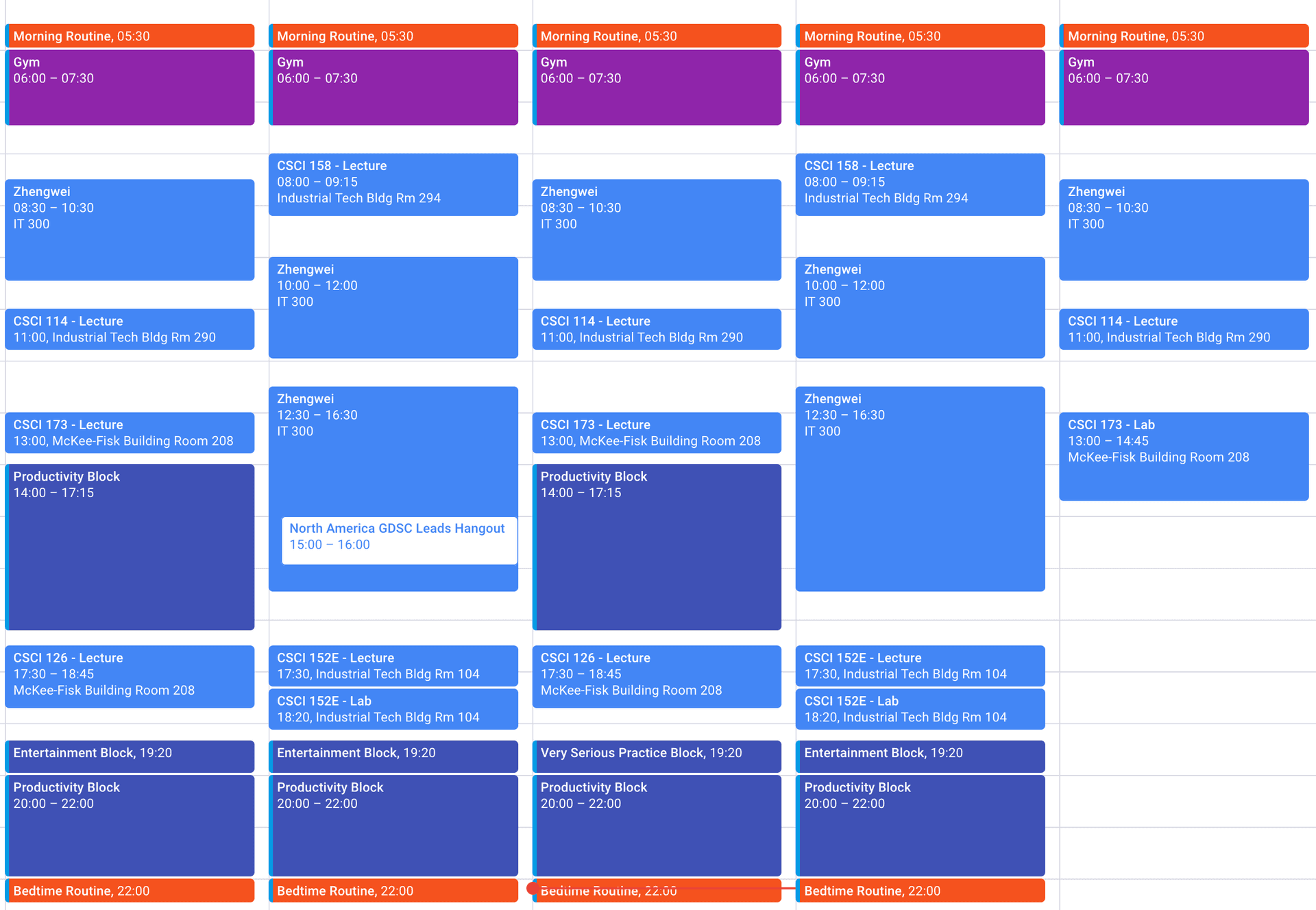 My timetable for the semester